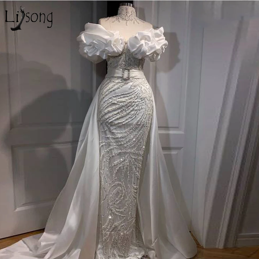 Роскошные свадебные платья русалки с кристаллами и бисером со съемным шлейфом