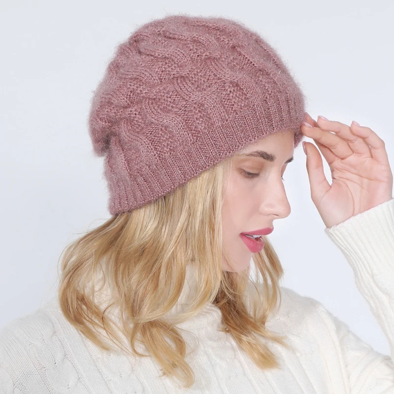 Женская Зимняя Вязаная Шапка бини однотонная плотная плюшевая мешковатая с