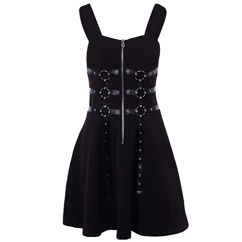 

Mall Goth Women Gothic Vintage Black Mini Dress Streetwear Punk Belt Patchwork Zipper Up Dress Harajuku High Waist Mini Dresses