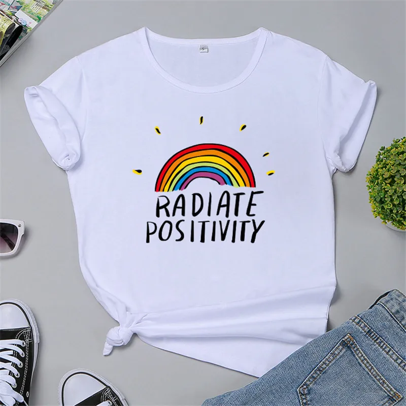 

Short Sleeved T-shirt Women 2021 Summer Rainbow Print Round Neck Loose Plus Size Casual T-shirt Feminina JD1066