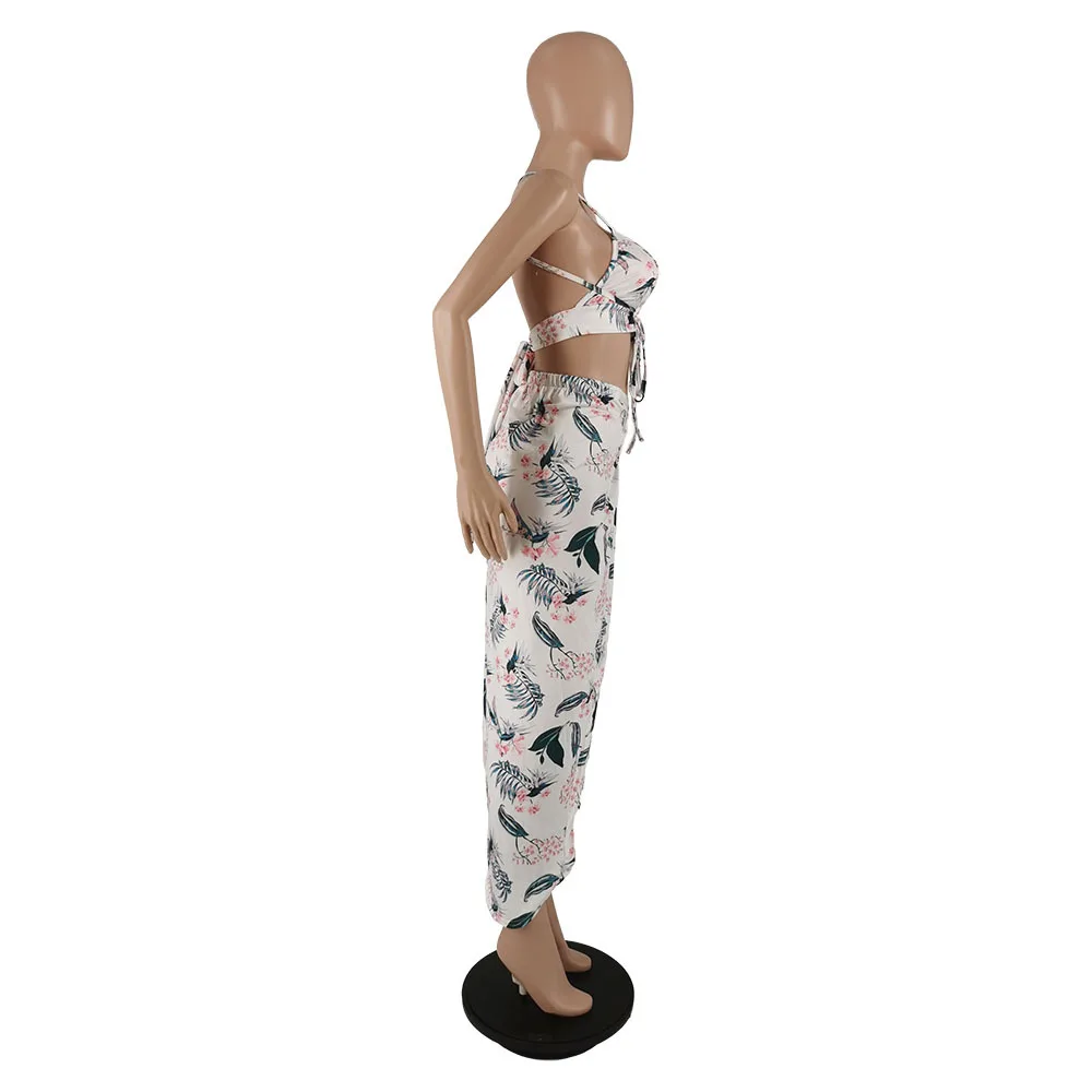 

2021 Summer Fashion Lace High Slit White Floral Print Halter Skirt Suit