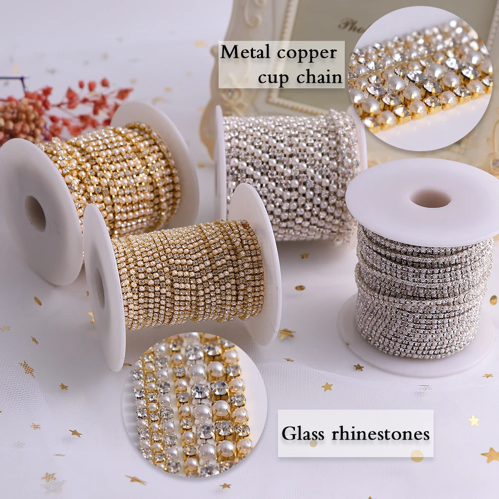 Цепочка для ногтей с жемчугом золотистая/серебристая стеклянная 1 5/2/2 5/3 мм |