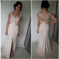 pale pink mermaid evening dresses with slit illusion back lace long prom party dress 2020 satin button back ceremony women skirt