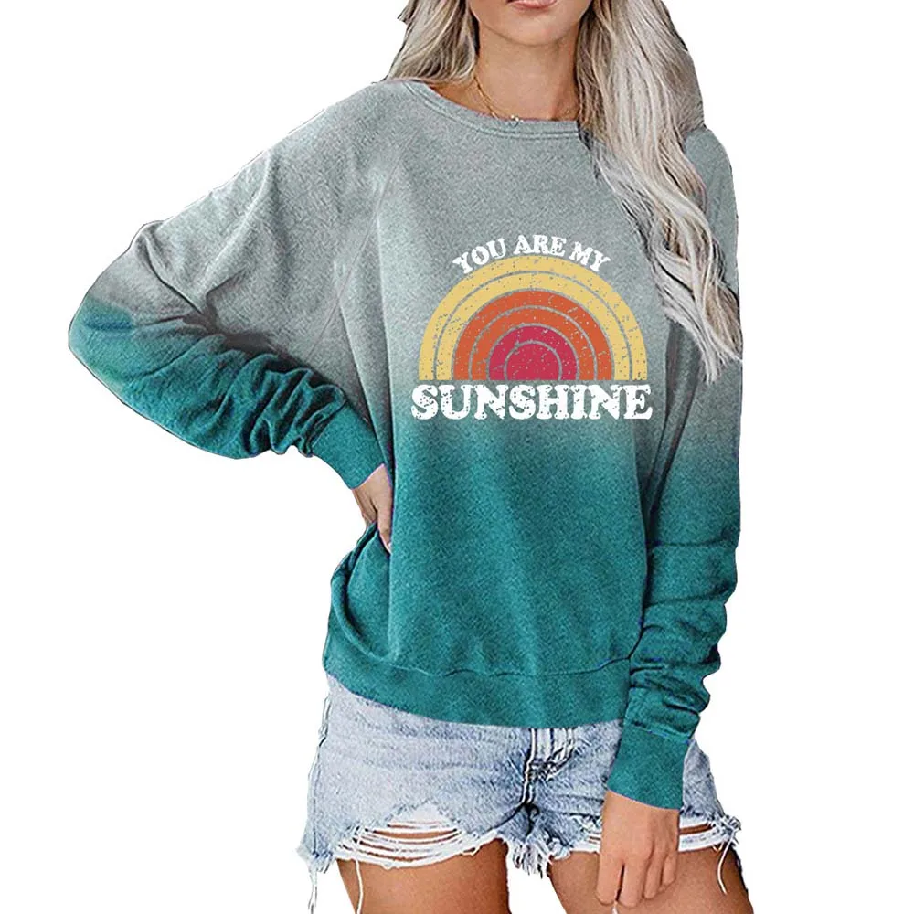 

New Fashion Winter Rainbow Letter Printed Casual Long Sleeve Pullover Tops Ladies Round Neck T Shirt Loose Women Tees