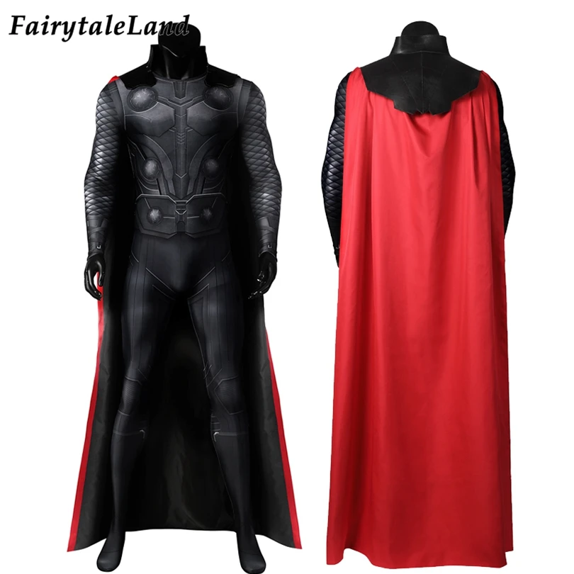 

Halloween God Of Thunder Superhero Cosplay Odinson Jumpsuit Battle Costume 3D Printing Boydsuit Black Outfit with red cape