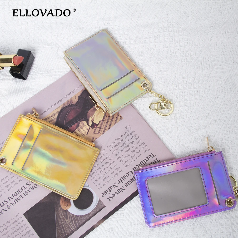 

PU Leather Credit Card Bag Purse With Keychain Fashion Mini Colorful Laser Color Zipper Pocket Coin Cash Bus Card Organizer