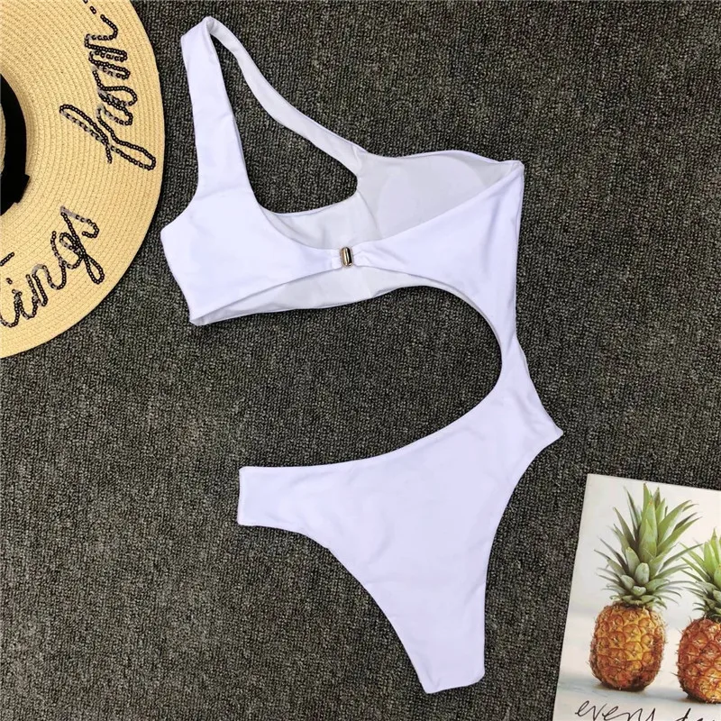 

New Women Solid Color Swimwear One Shoulder One Piece Swimsuit Female Bather Sexy Asymmetrical Bathing Suit Swim Lady Monokini