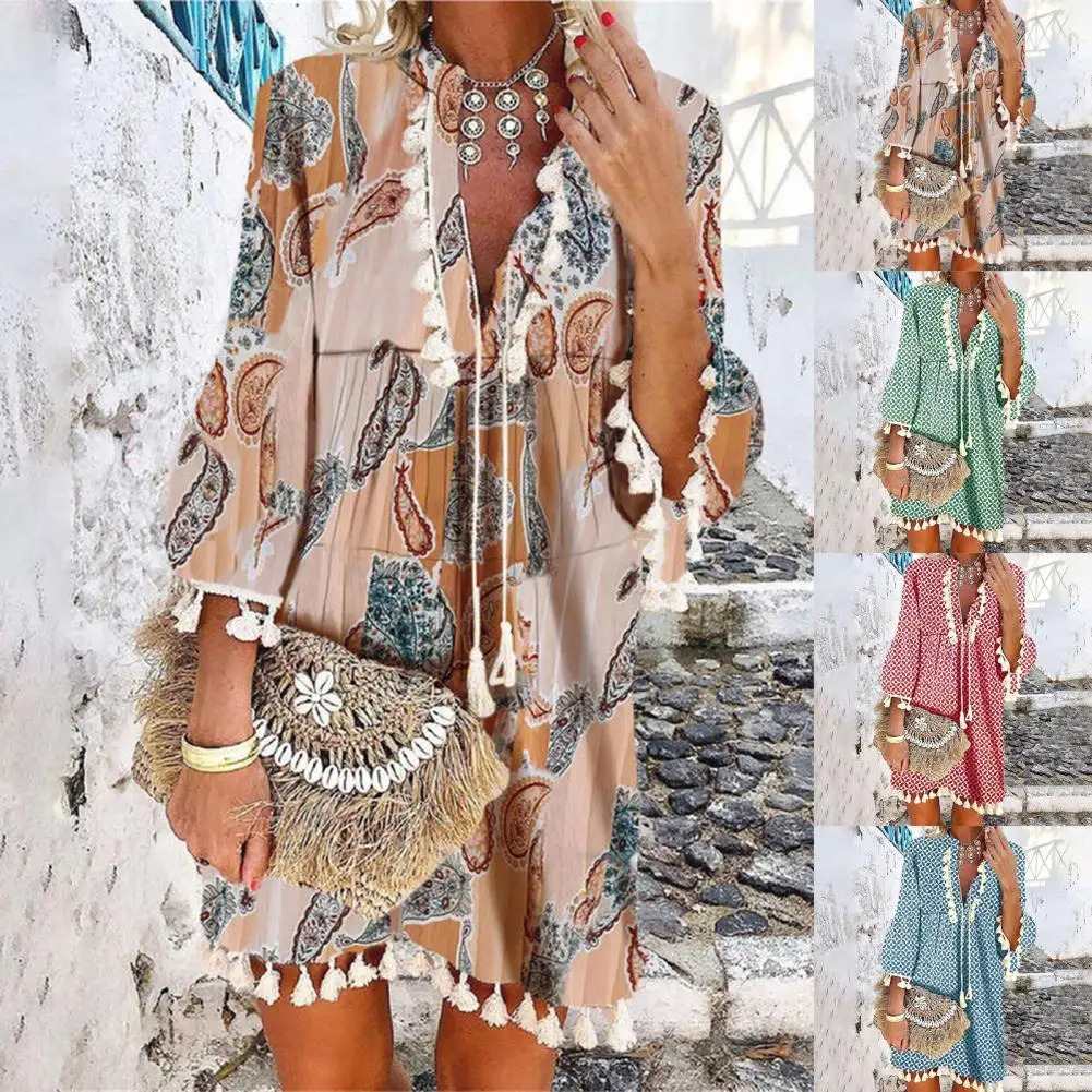 

Beach Dress Geometric Print Tassel Women V Neck 3/4 Sleeve Dress for Vacation