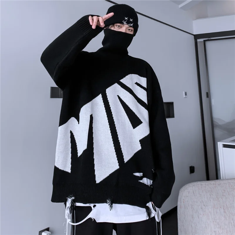 

2021 Hip Hop Ripped Knit Sweater Men Women Harajuku Letter Printed Pullovers Korean Loose Men Clothes Winter Turtleneck Pullover