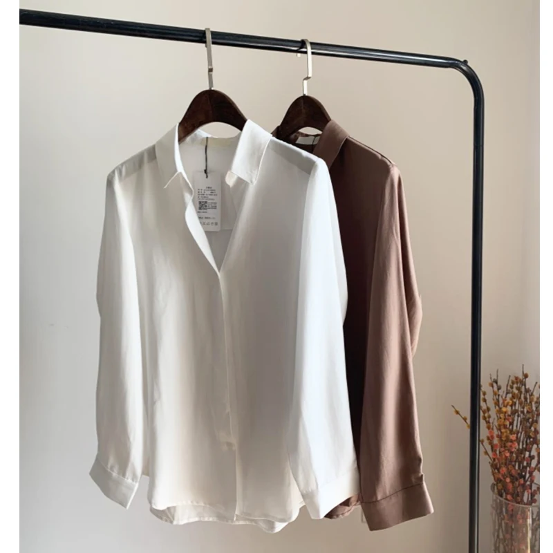 

Woman Shirts Vintage Long Sleeve Turn-down White Brown Collar Blouses Women Top Chic Spring Summer Mujer Shirt Women's Clothing