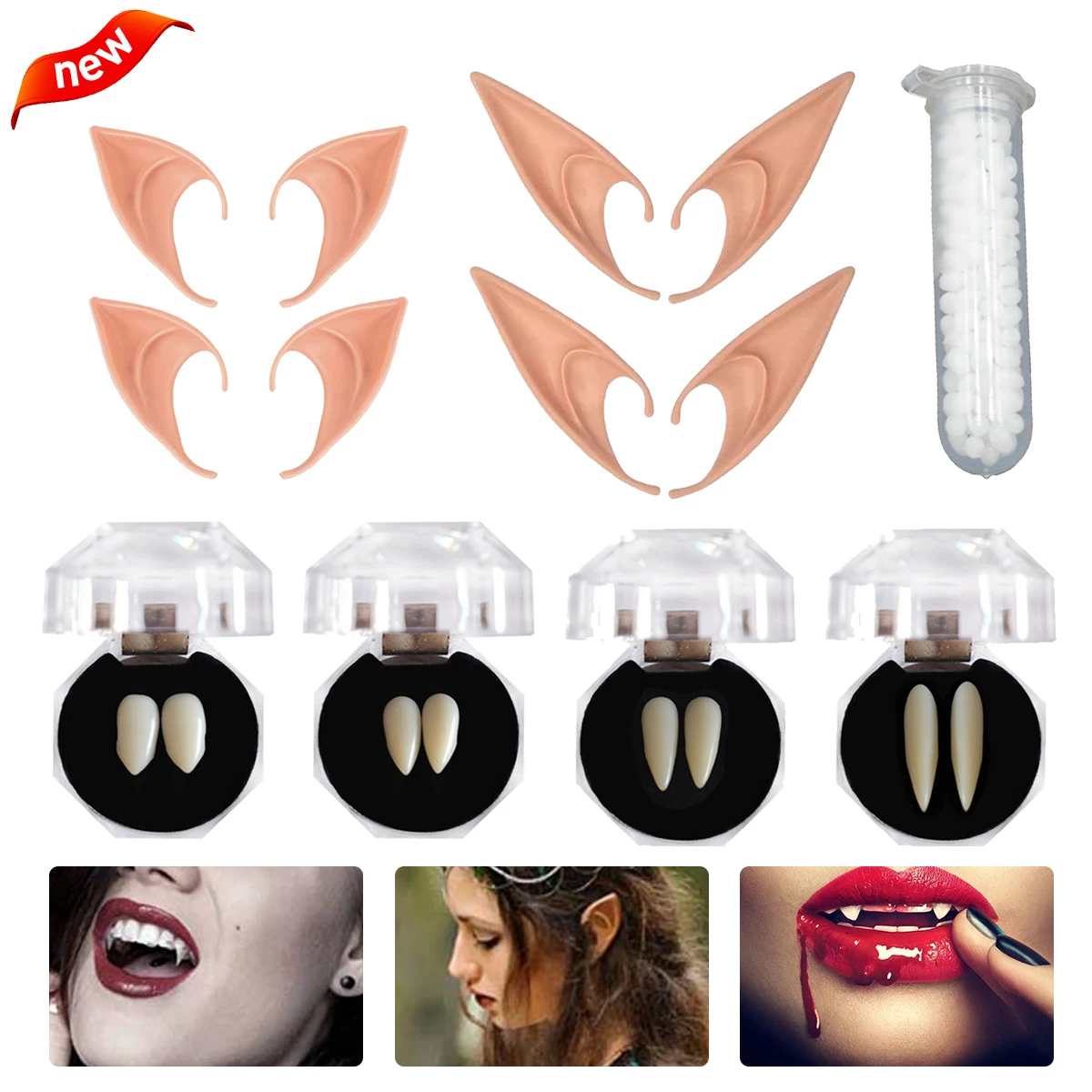 

Halloween Vampire Teeth Fangs Elf Ears Set Cosplay Dentures Prop Mysterious Fancy Dress Costume Decoration Party DIY Decor