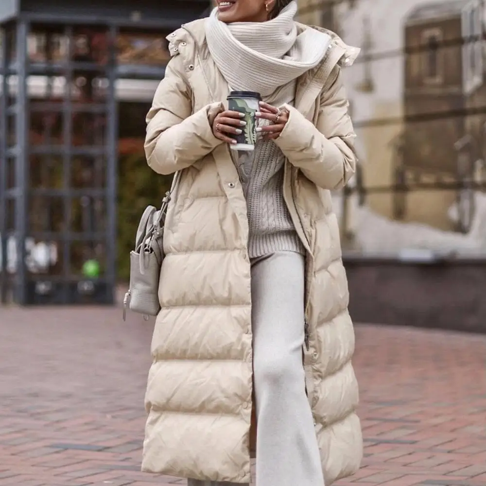 

Vintage Cotton Padded Jacket Women 2021 Winter Hooded Warm Thick Solid Beige Zipper Female Overcoats Loose Long Coat Jackets