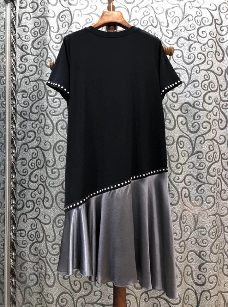 

New Korean Fashion Dress 2020 Summer Women Grey Black Color Block Studs Beading Deco Short Sleeve Casual Sexy Asymmetrical Dress