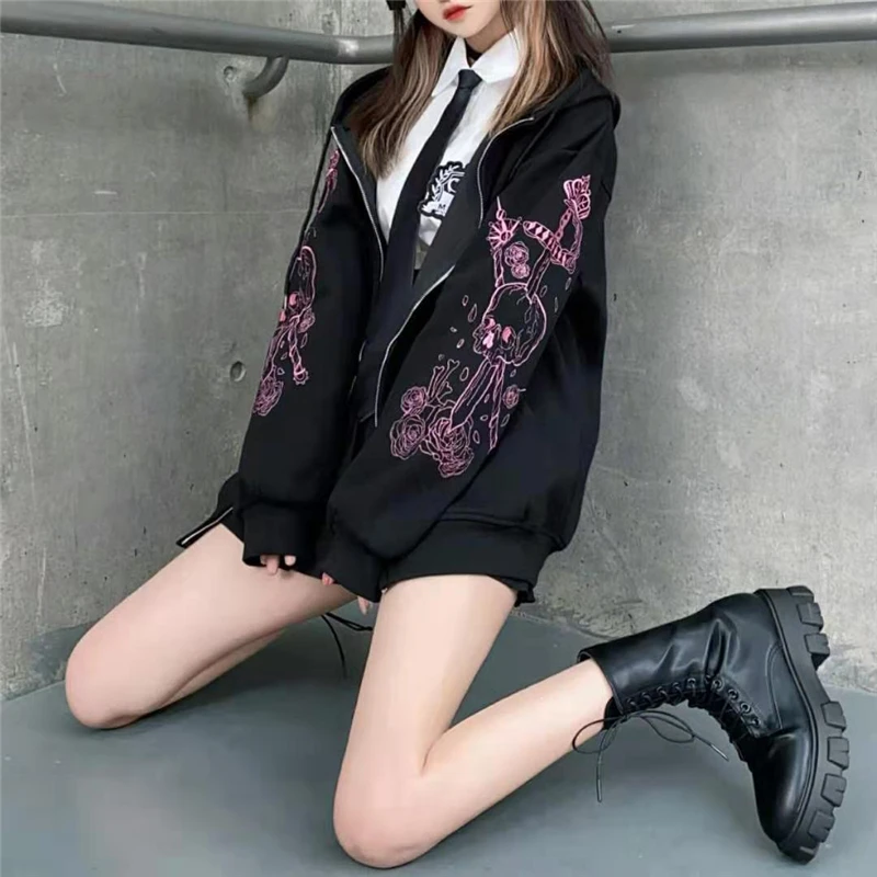 

Punk Street Style Korean Fashion Zipper Sweater Y2k Loose Women's Sweater Zipper Men's Hip Hop Autumn Oversized Hoodie For Women