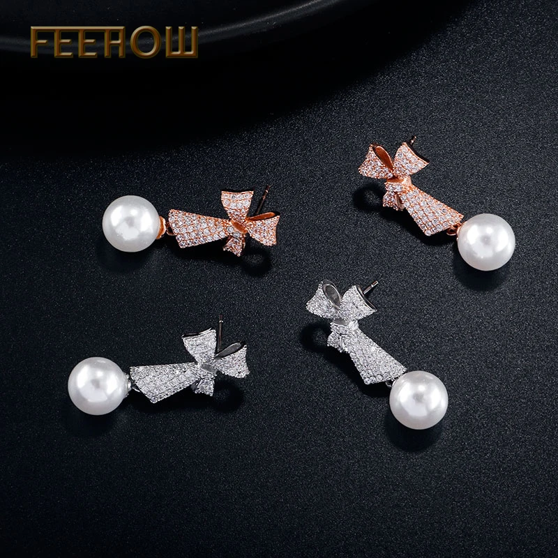 Женские серьги с бантом FEEHOW серьги-подвески цвета розового золота 585 пробы