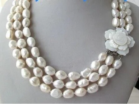 

3 Strands 9-10White Baroque Freshwater Pearl Necklace Shell Flower Clasp