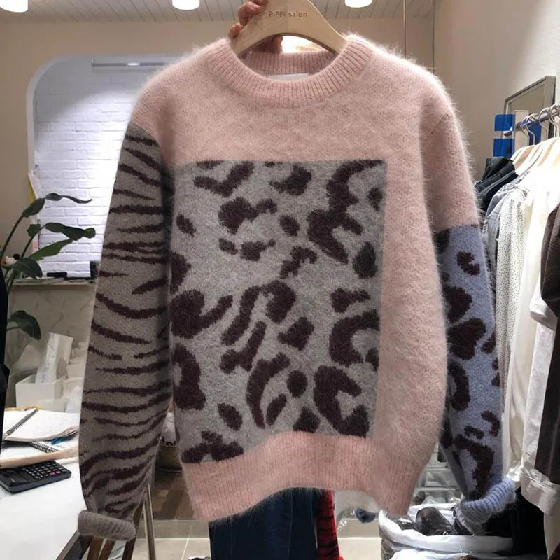 Женский леопардовый свитер с принтом зебры норковый кашемировый вязаный зимний