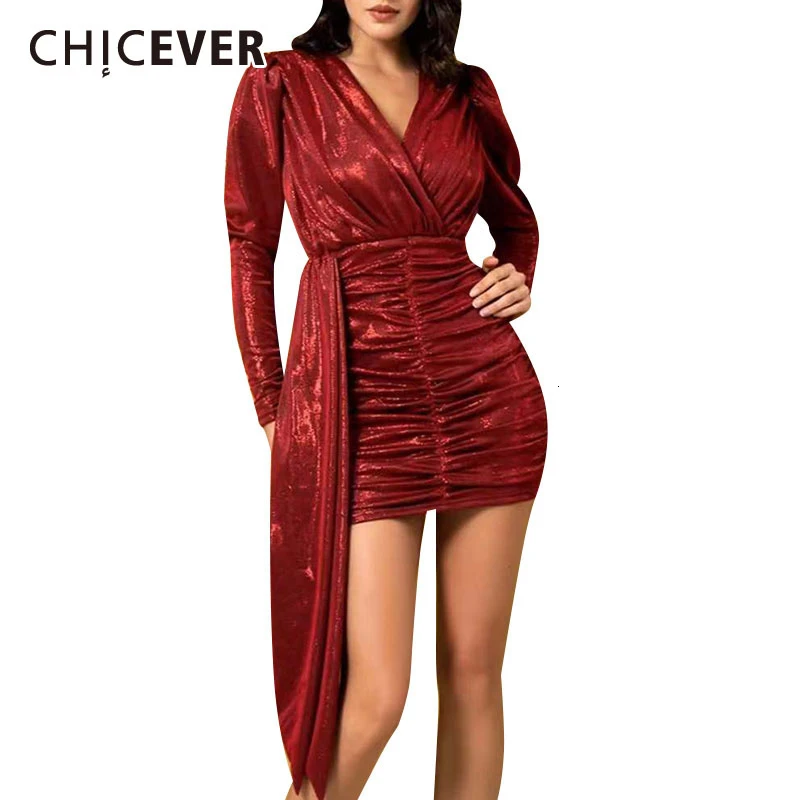 CHICEVER осенние элегантные платья женские V образным вырезом с пышным длинным