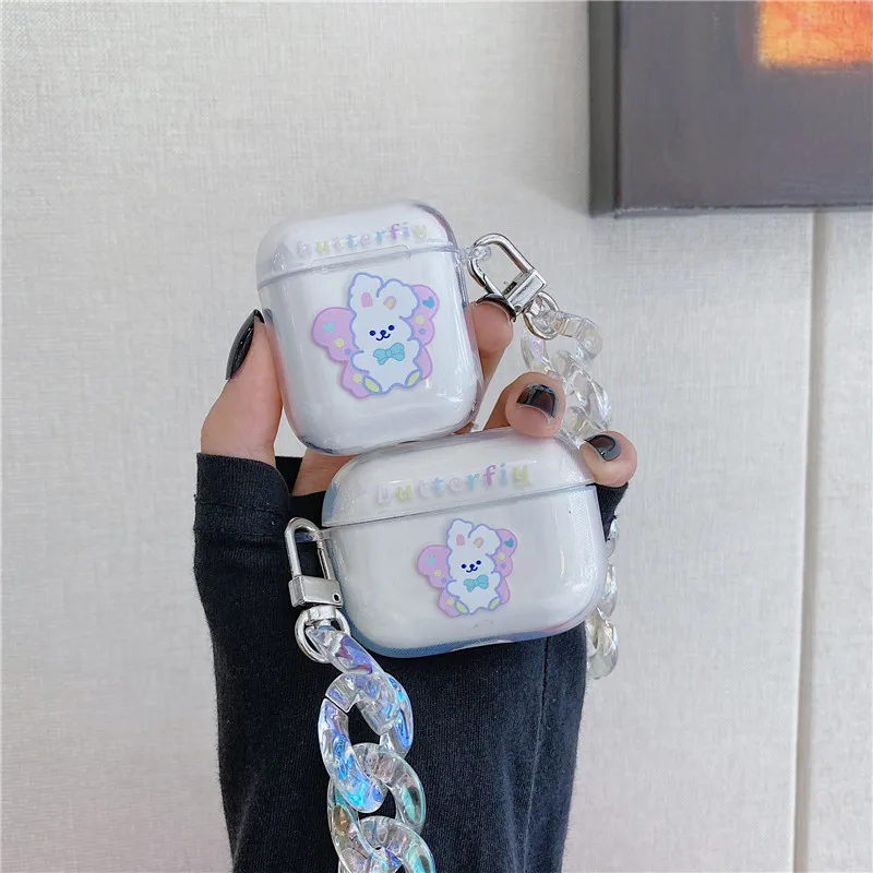 

INS Hot Transparent Lovely Rabbit with Chain Earphone Cases For Apple Airpods 1 2 Pro Soft Silicone Protection headphone cover