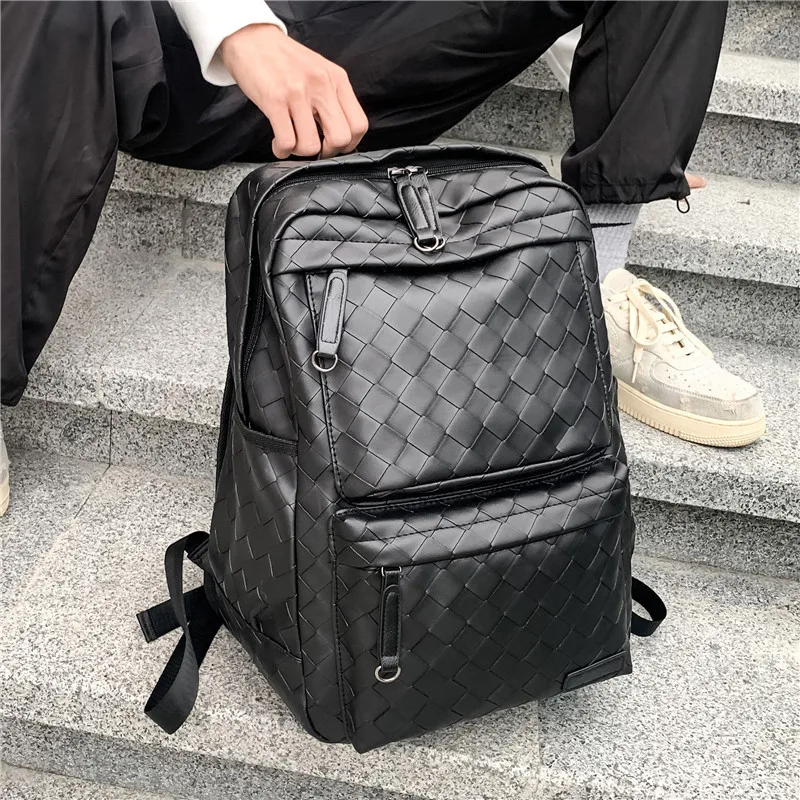 

Men Backpacks Laptop Bag 2021 Fashion Woven PU Leather Backpacks Mens Large-capacity Travel Bags Backpacks Male School Bags