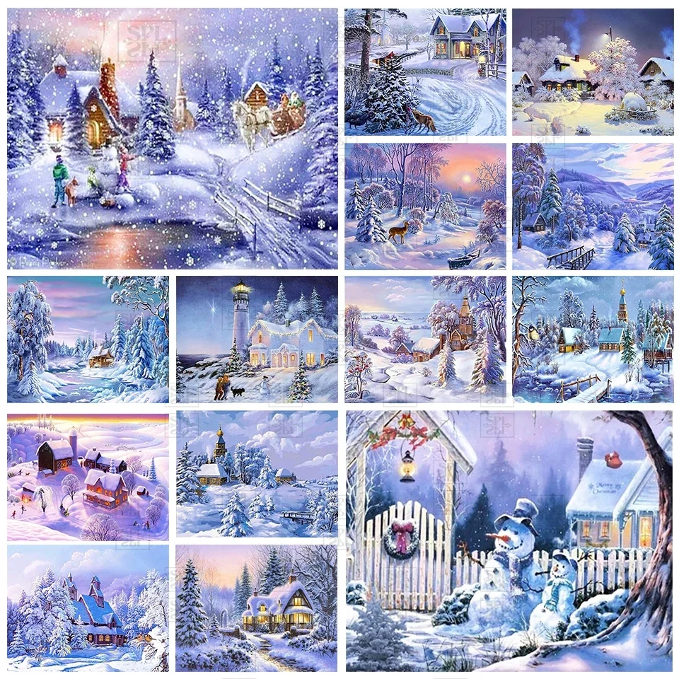 

5D Full Round Square Landscape Diamond Painting Kit Winter Snow House Snowman Scenery Diamond Embroidery Diy Mosaic Decor Gift