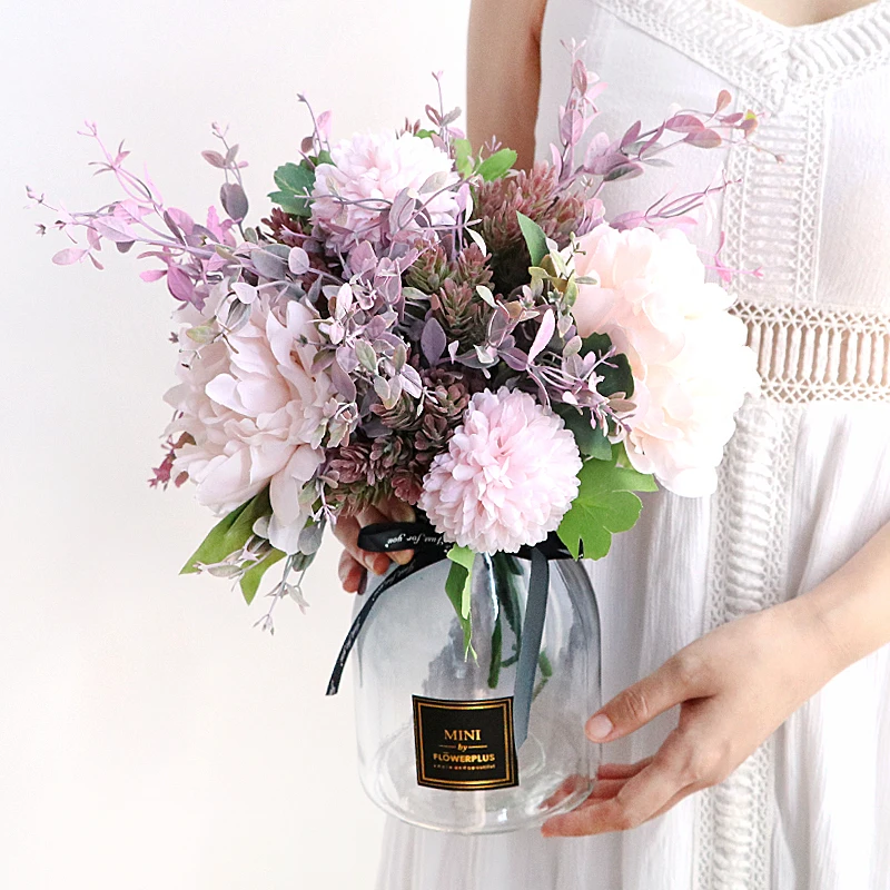 Modern Glass Vase+Artificial Flower Set Decor Home Desktop Furnishing Craft Decoration Livingroom Silk Fake Pot Ornaments | Дом и сад