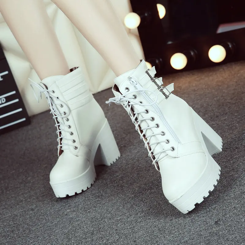 

Sianie Tianie Punk Goth Plain White Platform Thick Sole Women Riding Boot Buckle Strap Chunky High Heels Winter Warm Ankle Boots