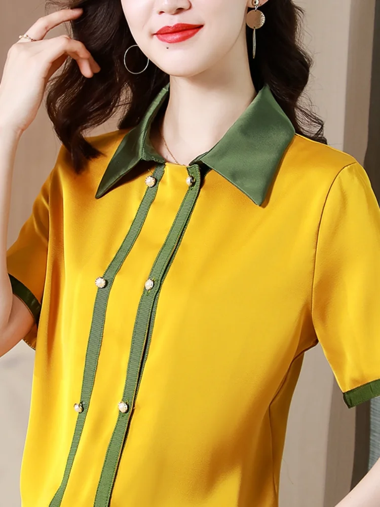

Women's Blouses Short Sleeve Tops Casual Blouses Polo Shirts Fashion Top Stretch Shirt Contrast Stitching Silk Summer Satin