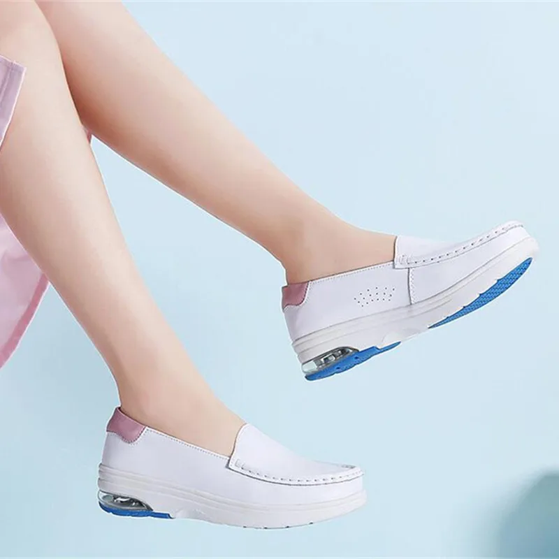 Flats Shoes Women Real Leather Loafers Nurse Platform Shoes Casual Slip on White Rubber Shoes for Women Fashion Platform Flats