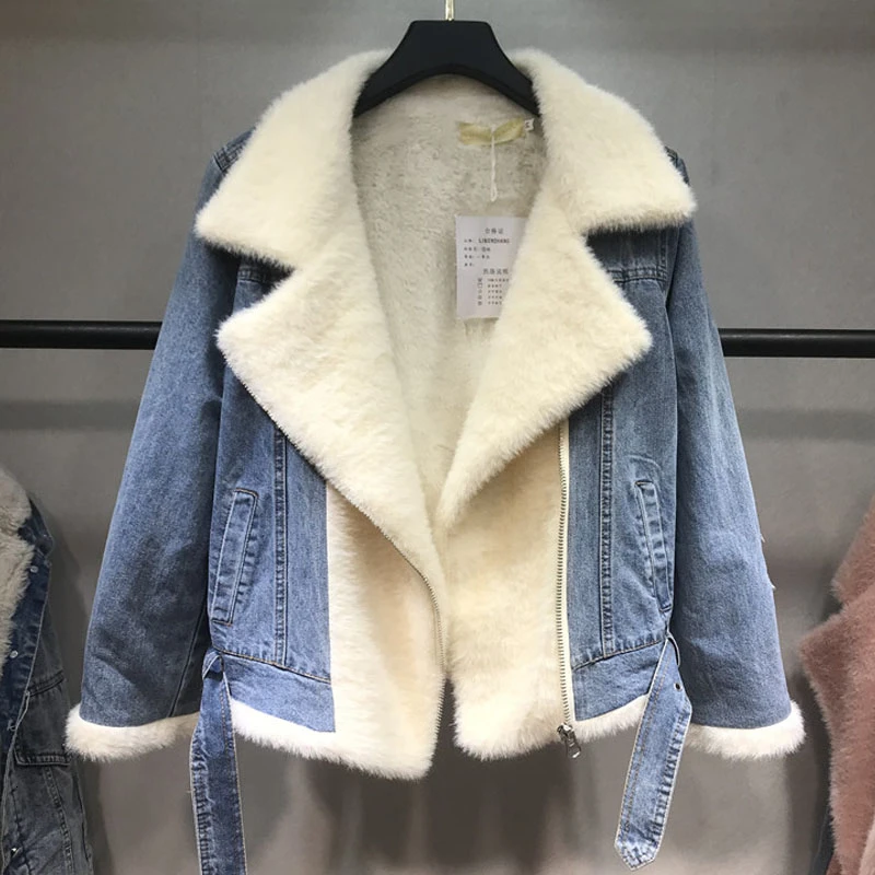 Весна Осень Зима новинка 2021 женское джинсовое пальто из овечьей шерсти с поясом