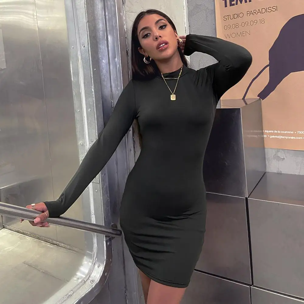 

2020 Fashion Stretchy Ruched Party Tight Fitting Solid Pullover Autumn Dress O Neck Women Dress Bodycon Long Sleeve Long Sleeve