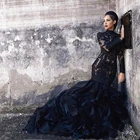 Черное свадебное платье-Русалка с высоким воротником и длинными рукавами, кружевное платье с аппликацией в готическом стиле, викторианском стиле, свадебные платья с оборками для поезда