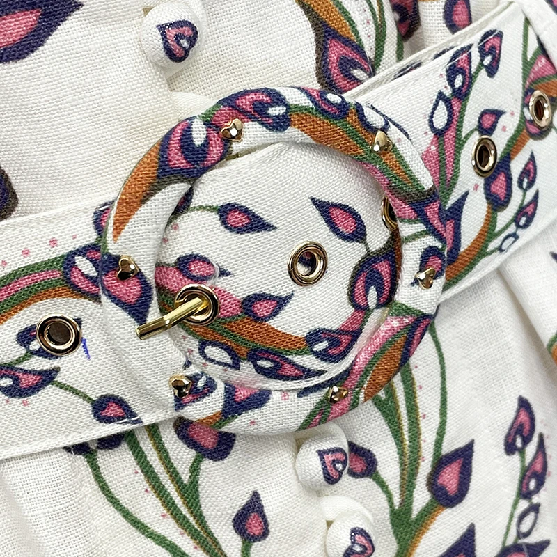 

Spring and autumn linen positioning printing bouquet waist lantern long sleeve short skirt retro ethnic style dress