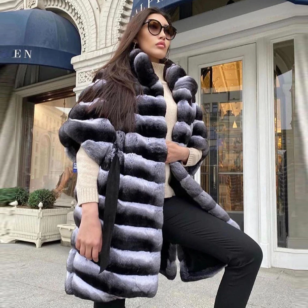 80cm Long Real Rex Rabbit Fur Coats for Women 2022 New Genuine Full Pelt Chinchilla Color Rex Rabbit Fur Jackets Stand Collar