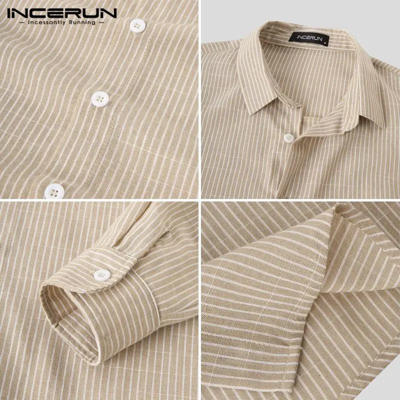 

Vintage Long Sleeve Turn Down Collar Camisa INCERUN Men Striped Shirts Casual Buttons Chemise Social Tops Mens Shirt Streetwear