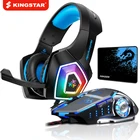 Игровая стереогарнитура KINGSTAR с глубокими басами, накладные Игровые наушники с микрофоном и светодиодсветильник кой для PS4, ПК + игровая мышь + коврик для мыши