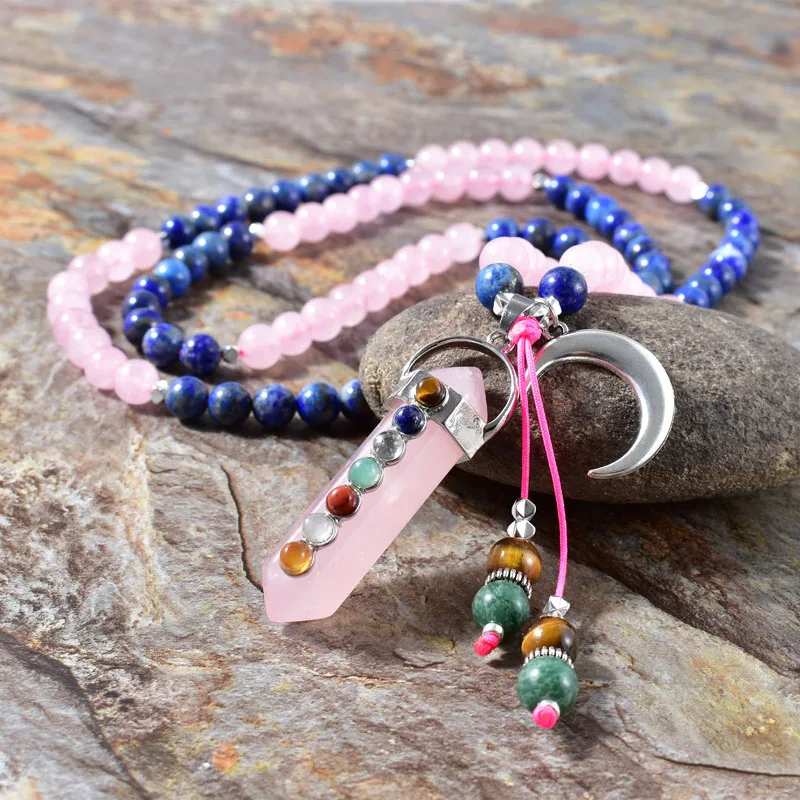 

Natural Lapis Lazuli And Rose Quartzs Chakra Pendant Necklace For Women 108 Prayer Beads Bohemian Long Necklace Yoga Gift