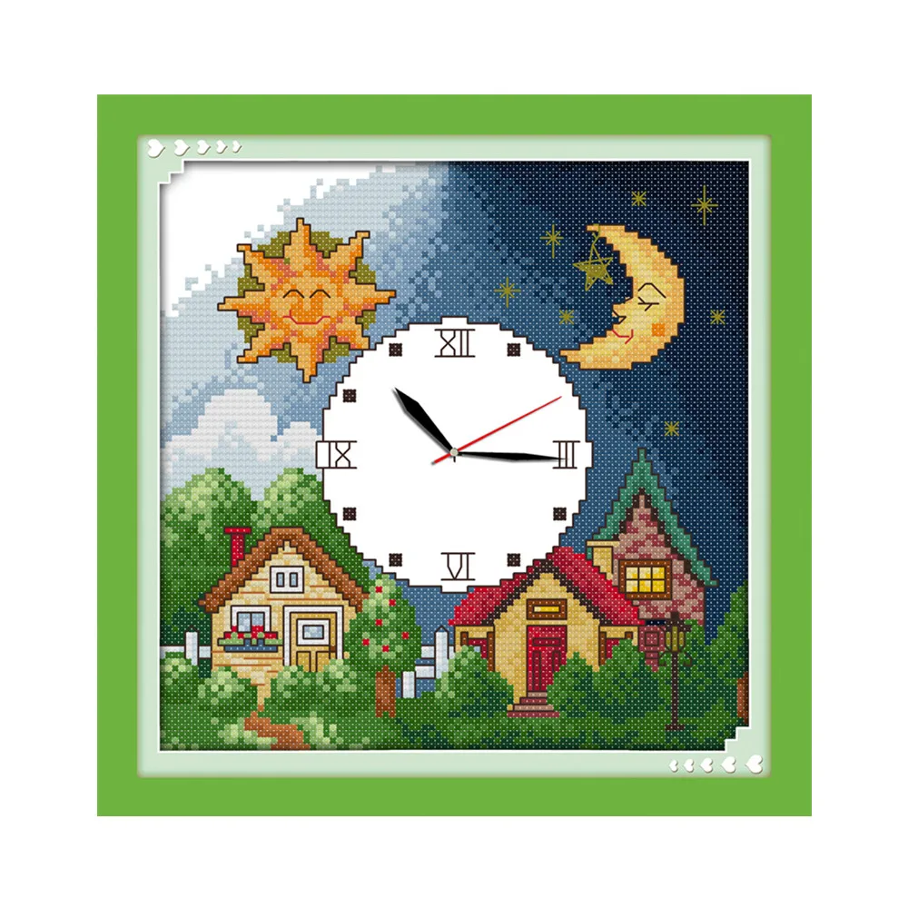 Day and night cross stitch kit 14ct 11ct count print canvas wall clock stitches embroidery DIY handmade needlework plus