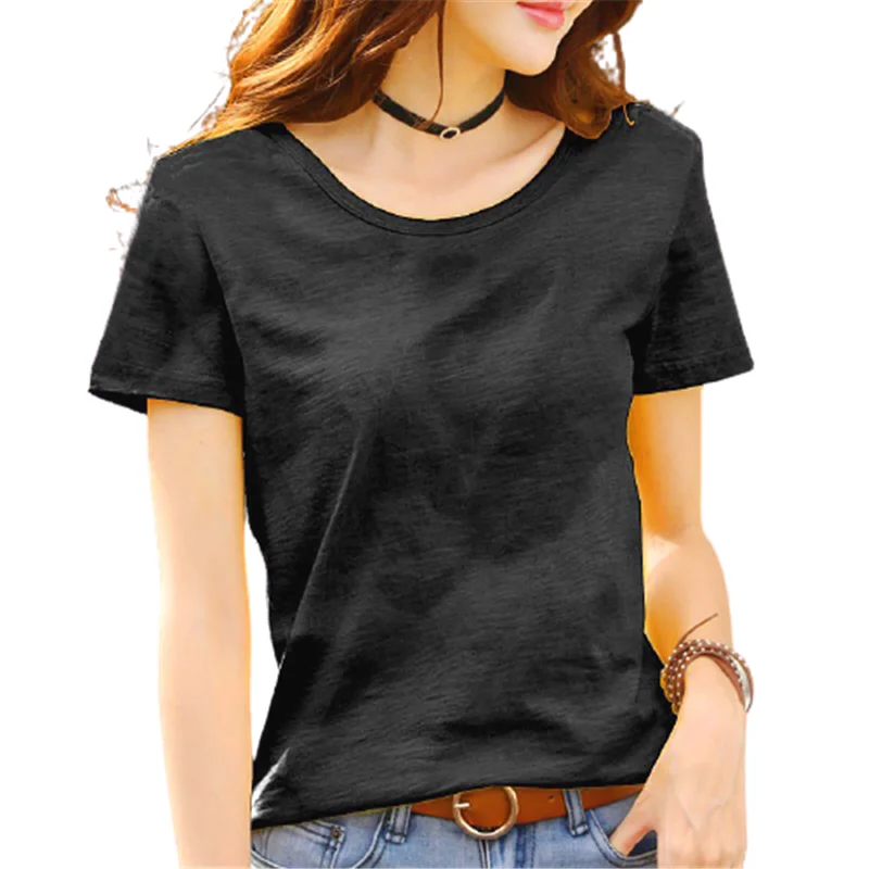 

Short Sleeve Cotton Women Loose Casual T-Shirts Solid Color Spring Streetwear Pullovers Tops Female Black Round-Neck T-Shirt