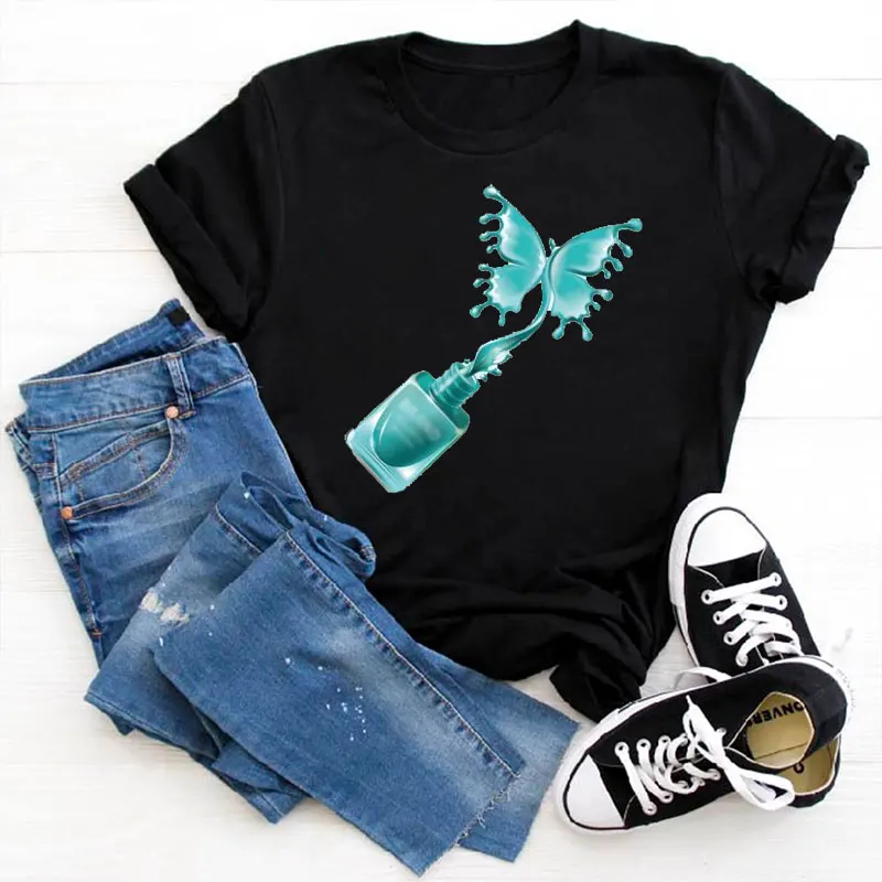 

Aesthetic T Shirt Nail Polish Print Female Black T-shirt Tops Women Harajuku 90s Girl Ullzang Kawaii Women Tee Shirt Streetwear