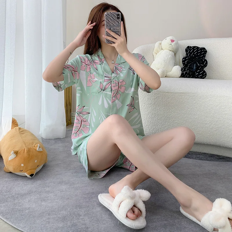 Women Pajamas Suit Short Sleeve Trousers Pants Shirt Set Pijamas Summer New Fashion Cute Cartoon Lady Soft Comfortable Homewear