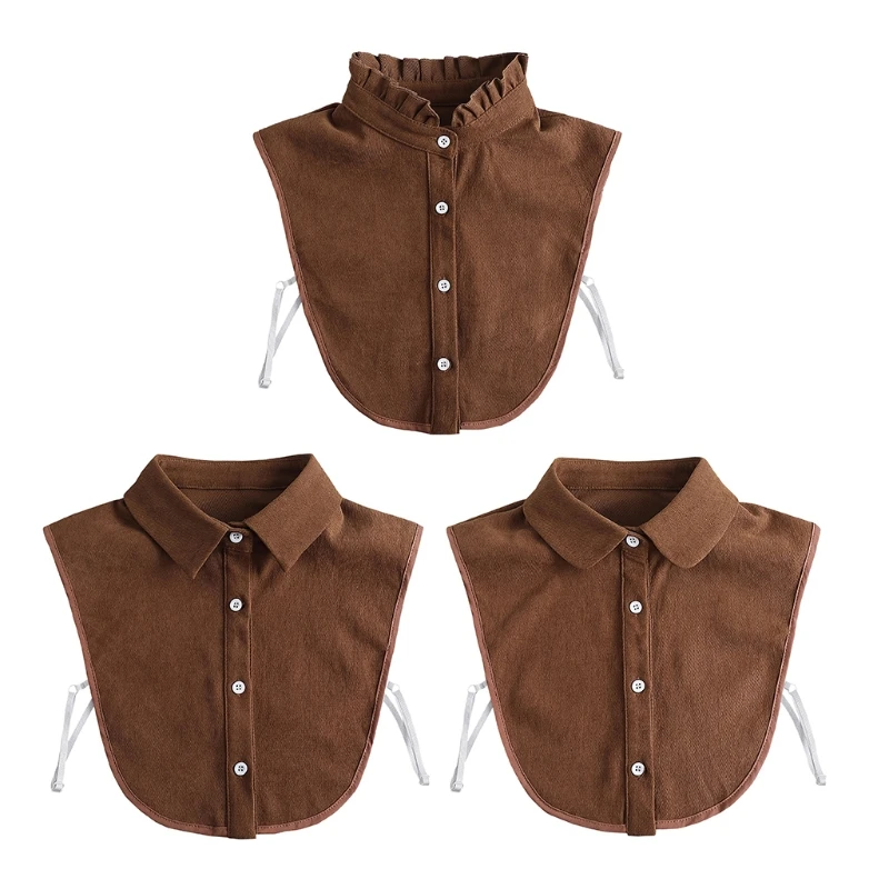 

Women Ruffled Brown False Collar Detachable Dickey Solid Lapel Half Shirt Vest