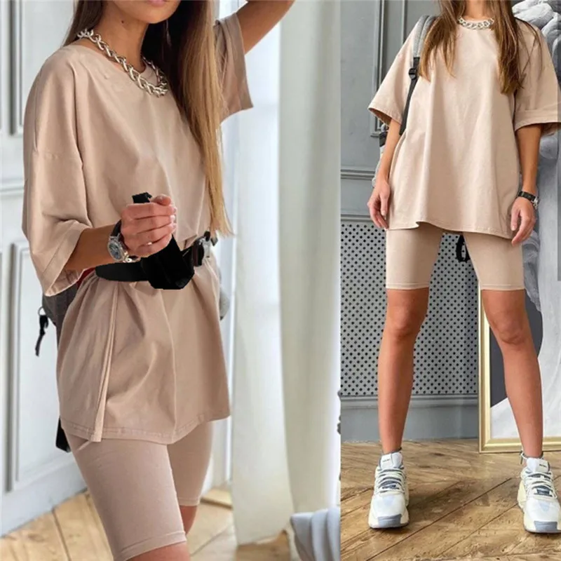 

2021NEW Casual Solid Outfits Women's Two Piece Suit With Belt Home Loose Sports Tracksuits Fashion Leisure Bicycle Suit Summer