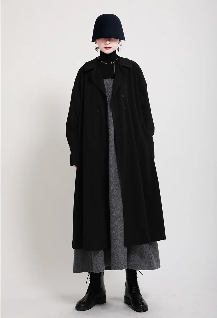 

MSXU 2020 Dark Black Long Trench Coat Jacket Over The Knee Woolen Coat Women