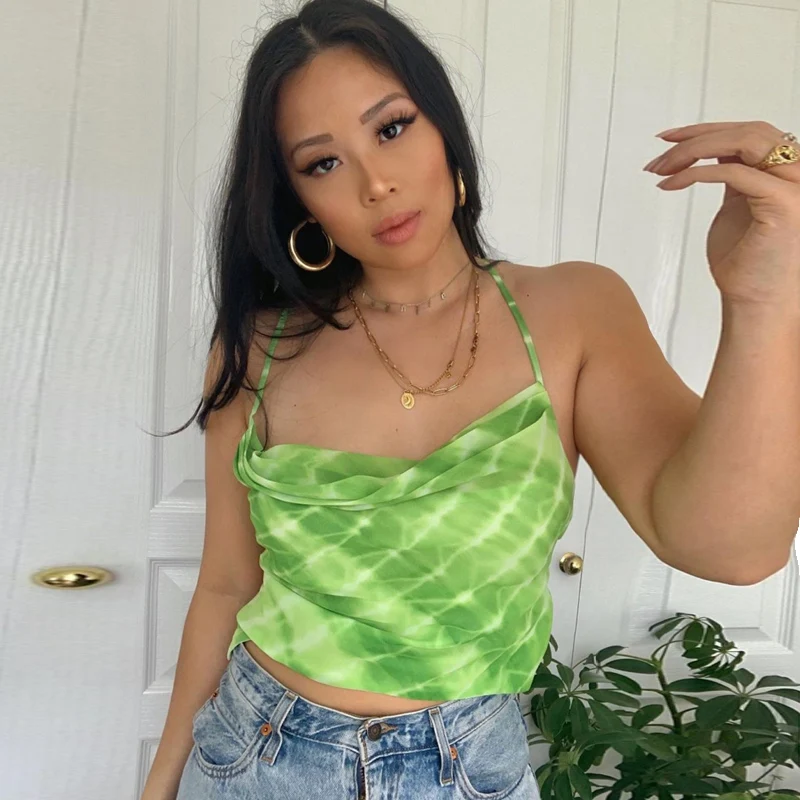 Женский укороченный топ без рукавов с принтом в виде галстука красителя летняя