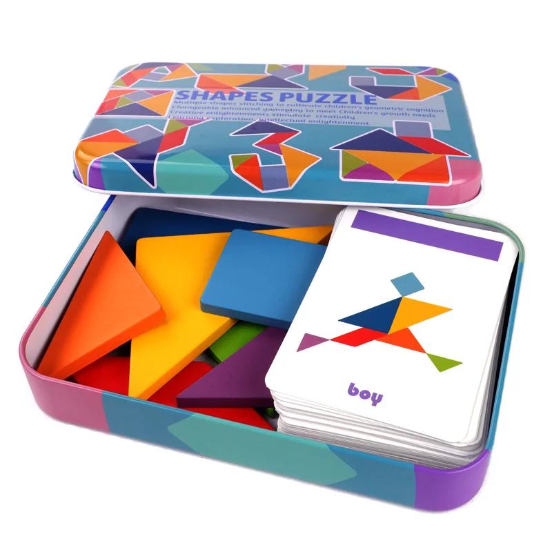 

3D Children's Wooden Colorful Tangram Iron Box Storage Jigsaw Puzzle Puzzle Early Education Intelligence Numbers and Letters