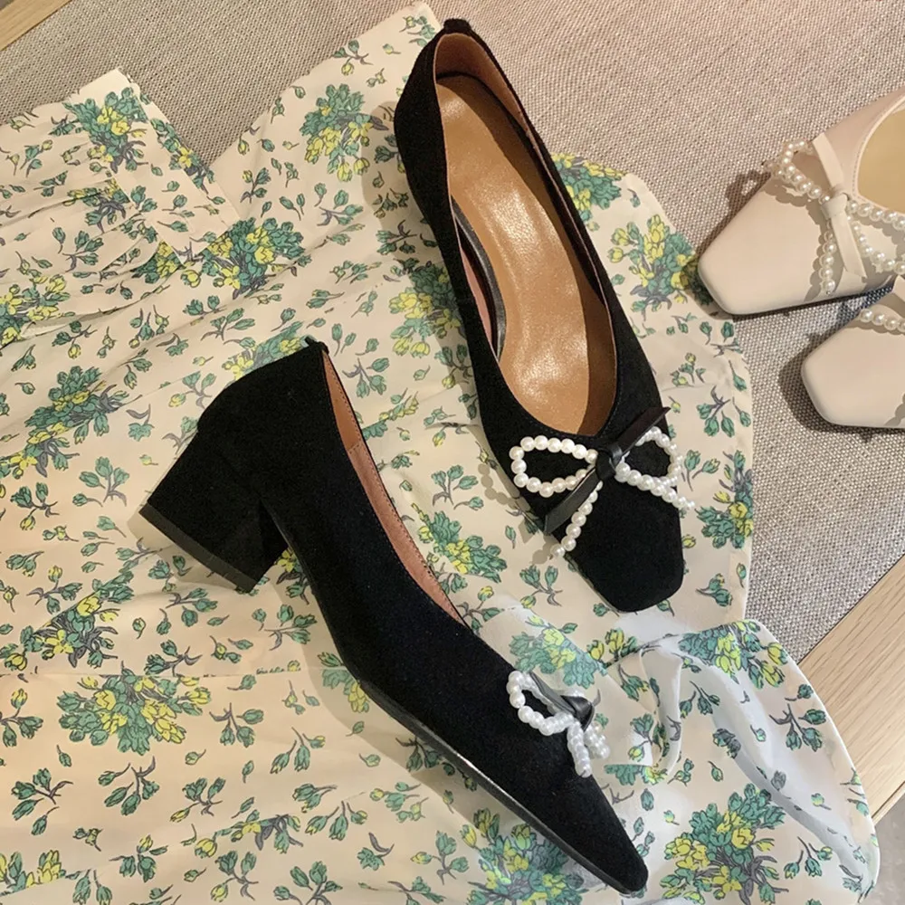 

Women's genuine leather 4cm med thick heel slip-on pumps square toe beading bow tie korean style sweet heels shoes for women hot
