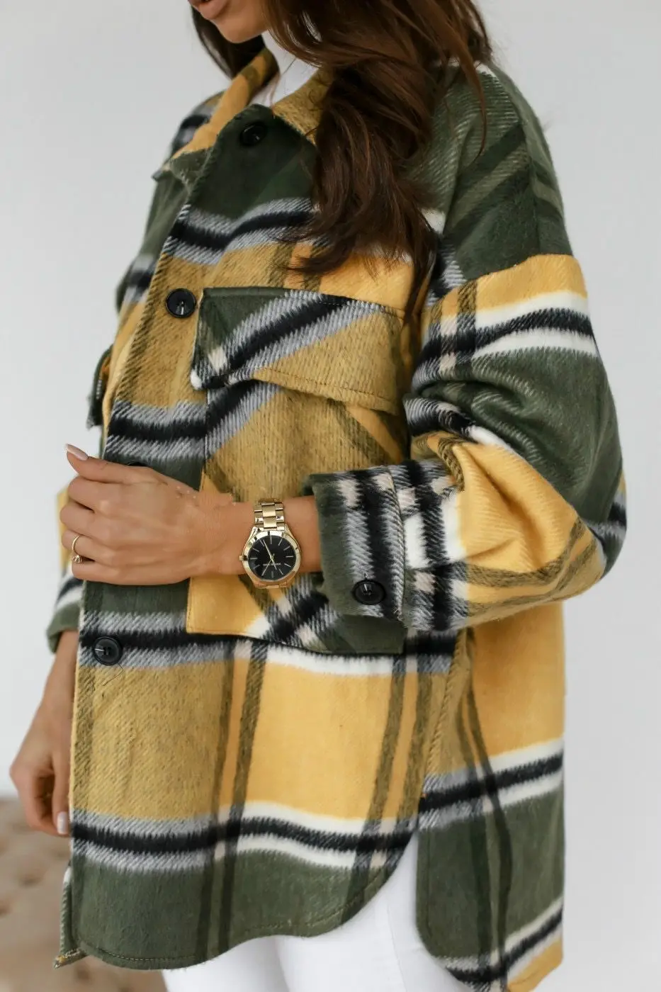 

Patch Pocket Plus Size Midi Length Loose Color Check Plaid Coat Jacket with Button Women Casual