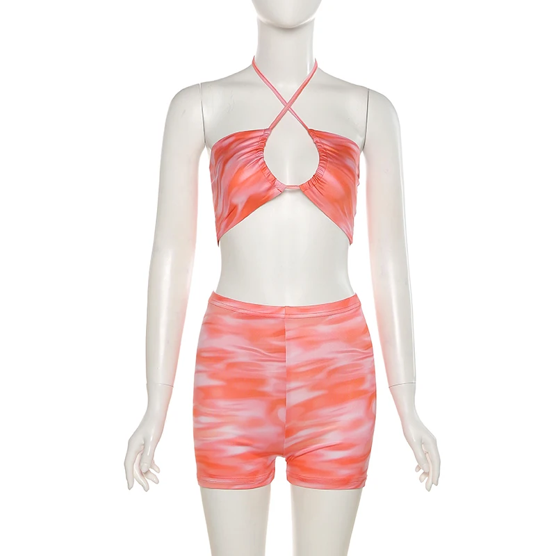 

hirigin Print Lace Up 2 Piece Sets Women Bandage Hipste Summer Sexy Bra Midnight Clubwear Top+Body-Shaping Skirt Matching Set