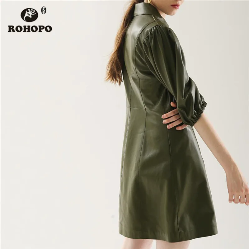 ROHOPO Пышное мини-платье из искусственной кожи с коротким рукавом зеленого цвета